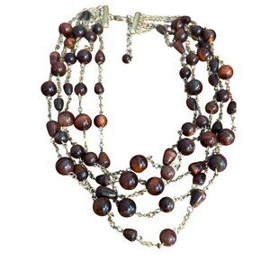 Vintage Multi Strand Beaded Necklace Brown Red Cat Eye Beads Gold Tone Estate